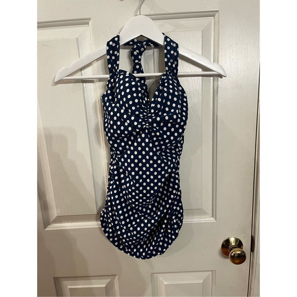 Girl Howdy Sandy Navy Blue Polka Dot Retro Style Swimsuit sz 8 EUC